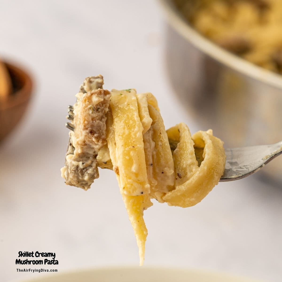 Skillet Creamy Mushroom Pasta, a simple one pan meal featuring pasta and sautéed mushrooms made in about a half hour.