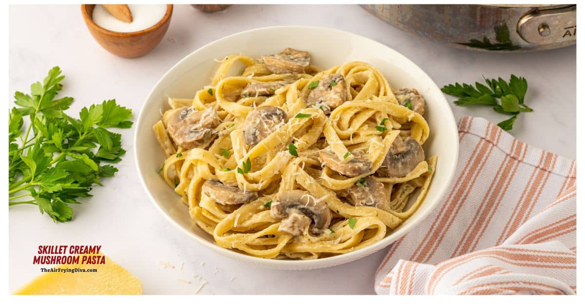 Skillet Creamy Mushroom Pasta, a simple one pan meal featuring pasta and sautéed mushrooms made in about a half hour.