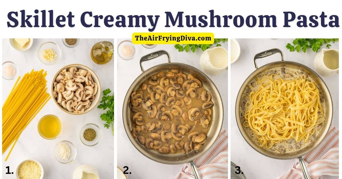 Skillet Creamy Mushroom Pasta, a simple one pan meal featuring pasta and sautéed mushrooms made in about a half hour.