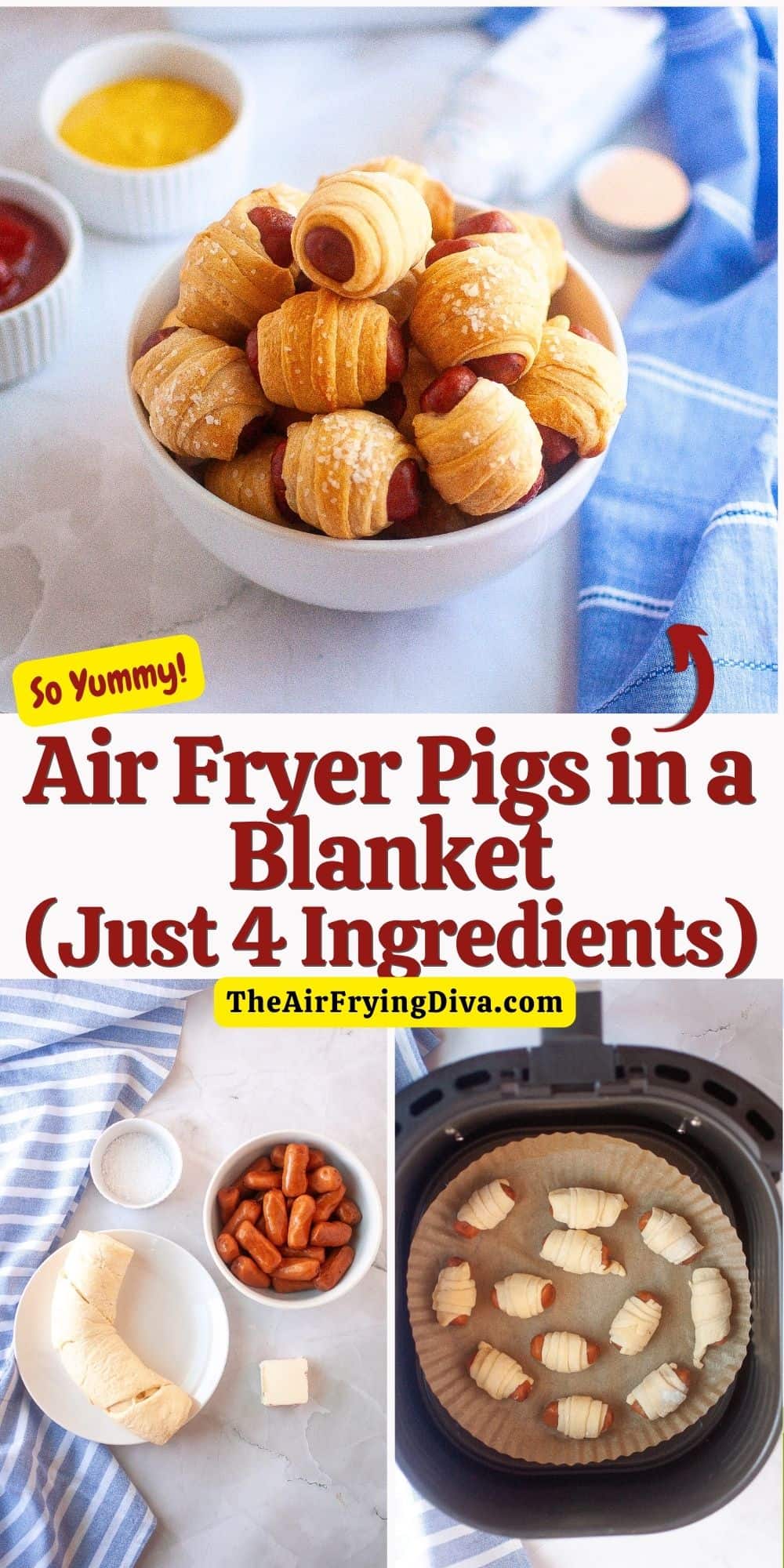 Air Fryer Pigs in a Blanket, a simple three ingredient appetizer or snack recipe featuring smoked sausages wrapped in crescent roll dough.