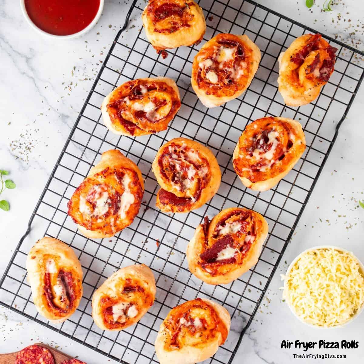 Easy Air Fryer Pizza Rolls made from scratch. Mouthwatering good pepperoni pizza rolls air fried to perfection in about 8 minutes.