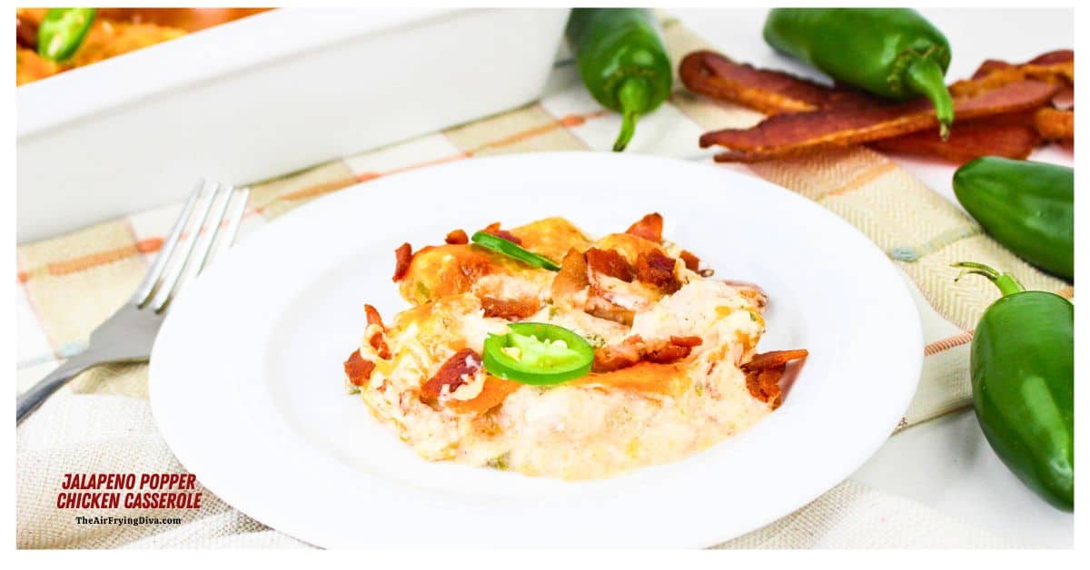 Jalapeno Popper Chicken Casserole, a simple and hearty, delicious, and comforting dish  dish made with chicken breast, bacon and cheese.