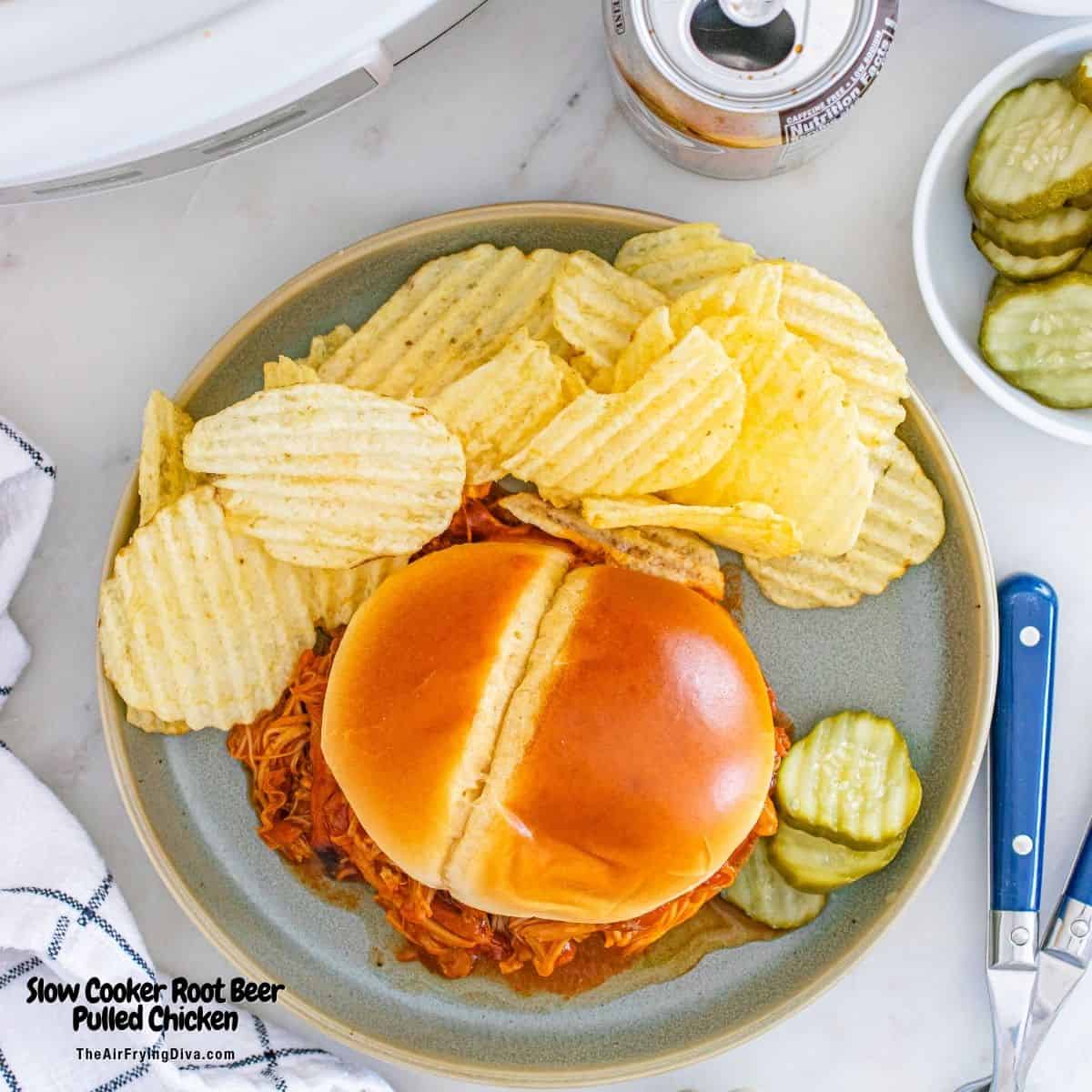Slow Cooker Root Beer Pulled Chicken, a simple five ingredient recipe for tender and flavorful shredded chicken slow cooked to perfection.