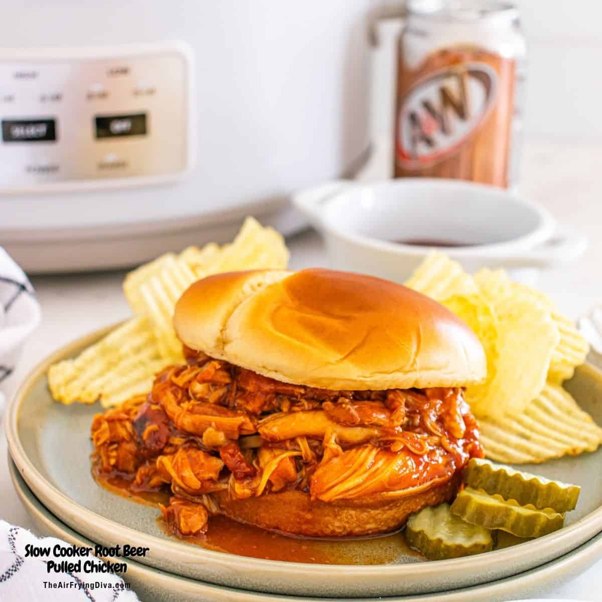 Slow Cooker Root Beer Pulled Chicken, a simple five ingredient recipe for tender and flavorful shredded chicken slow cooked to perfection.