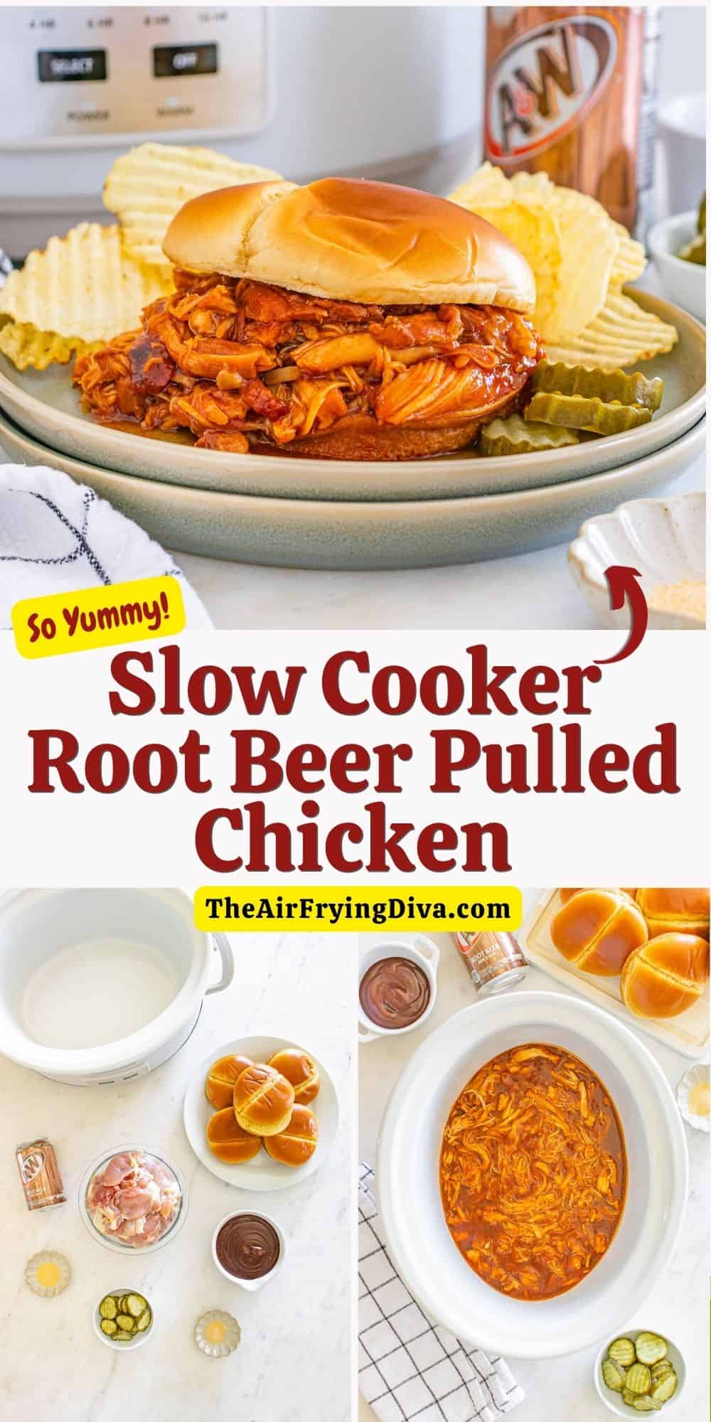 Slow Cooker Root Beer Pulled Chicken, a simple five ingredient recipe for tender and flavorful shredded chicken slow cooked to perfection.