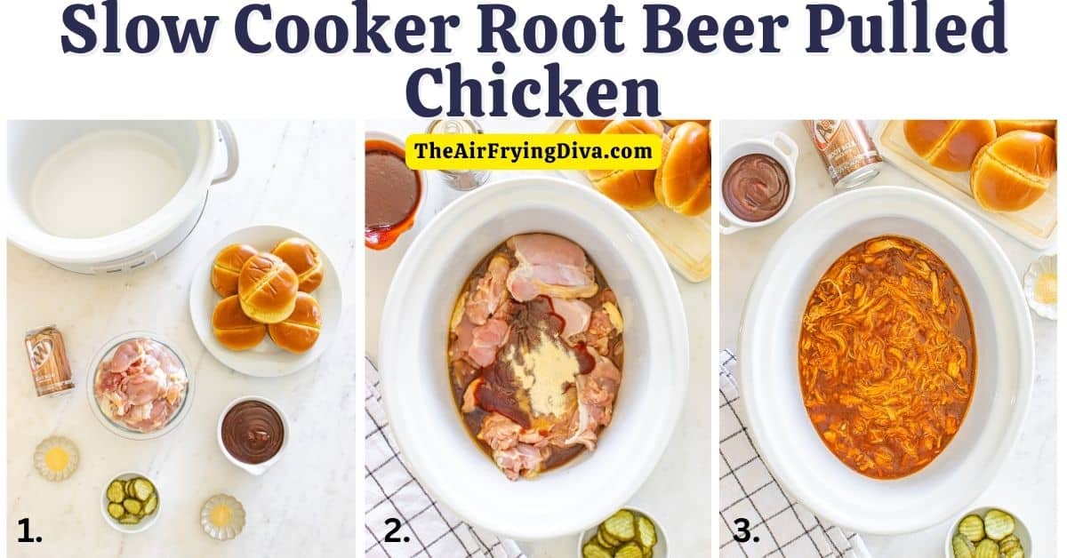 Slow Cooker Root Beer Pulled Chicken, a simple five ingredient recipe for tender and flavorful shredded chicken slow cooked to perfection.