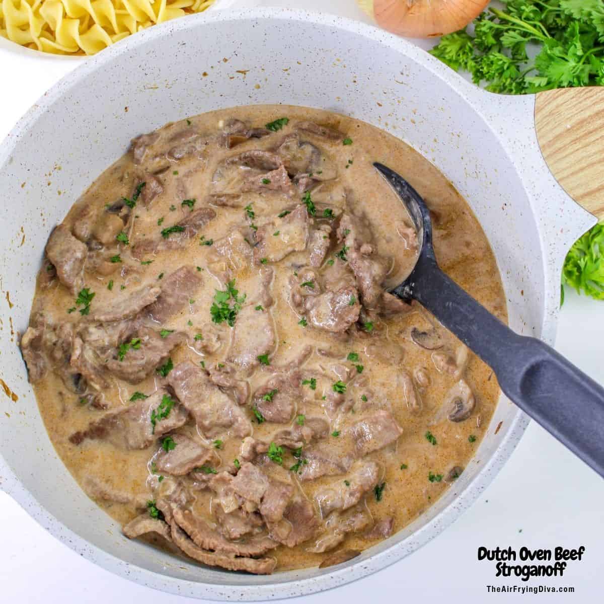 Dutch Oven Beef Stroganoff, a simple one pot meal recipe featuring tender beef slowly cooked in a rich and creamy sauce.