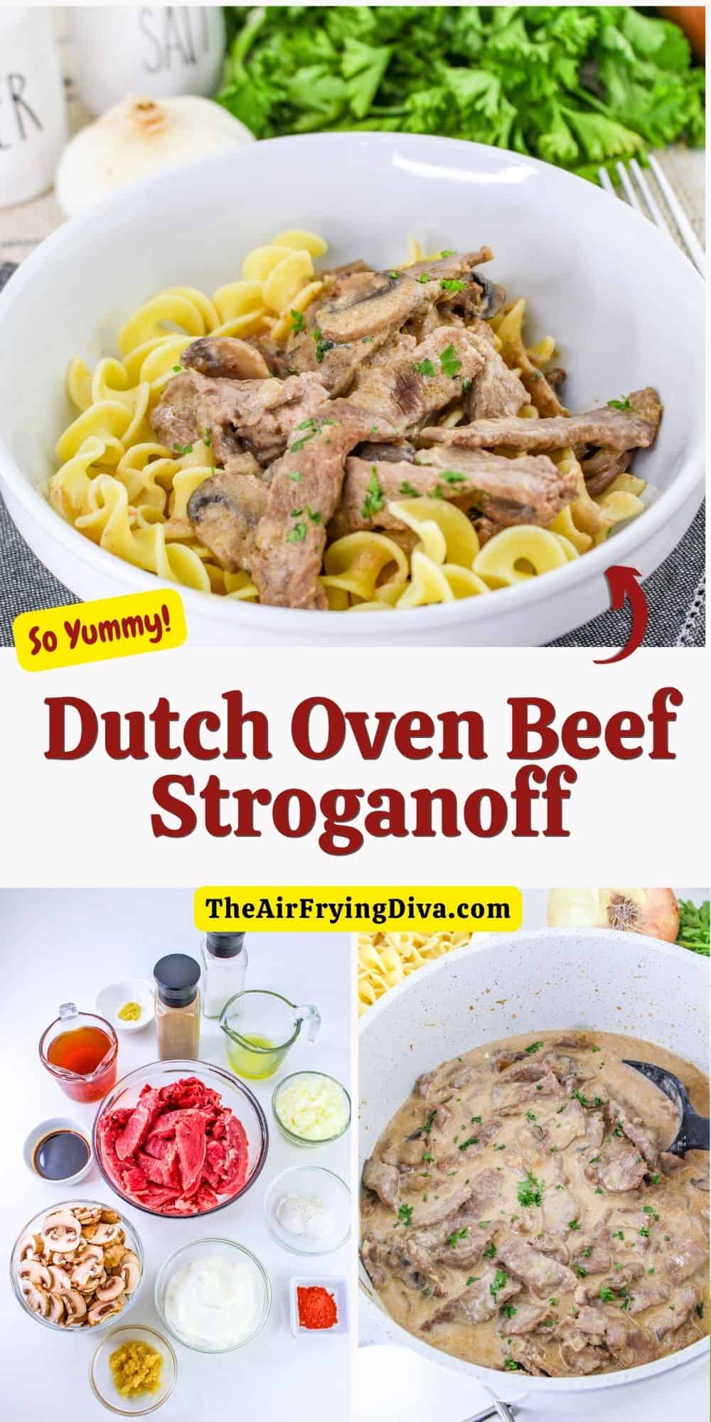 Dutch Oven Beef Stroganoff, a simple one pot meal recipe featuring tender beef slowly cooked in a rich and creamy sauce.