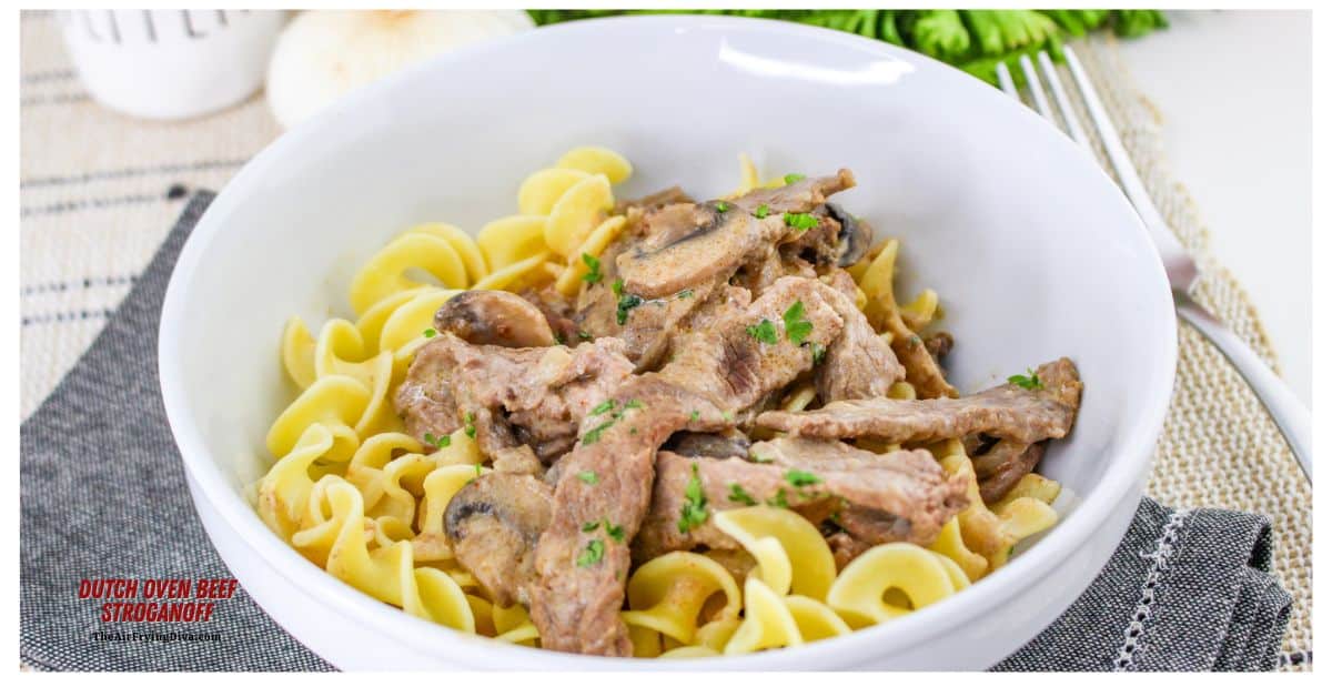 Dutch Oven Beef Stroganoff, a simple one pot meal recipe featuring tender beef slowly cooked in a rich and creamy sauce.