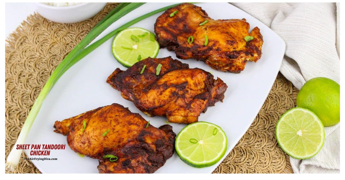 Sheet Pan Tandoori Chicken, a simple dinner recipe featuring chicken legs marinated in yogurt and spices and baked until tender and juicy.