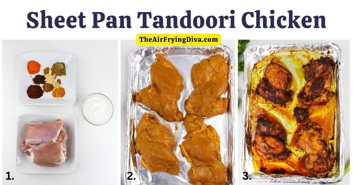 Sheet Pan Tandoori Chicken, a simple dinner recipe featuring chicken legs marinated in yogurt and spices and baked until tender and juicy.