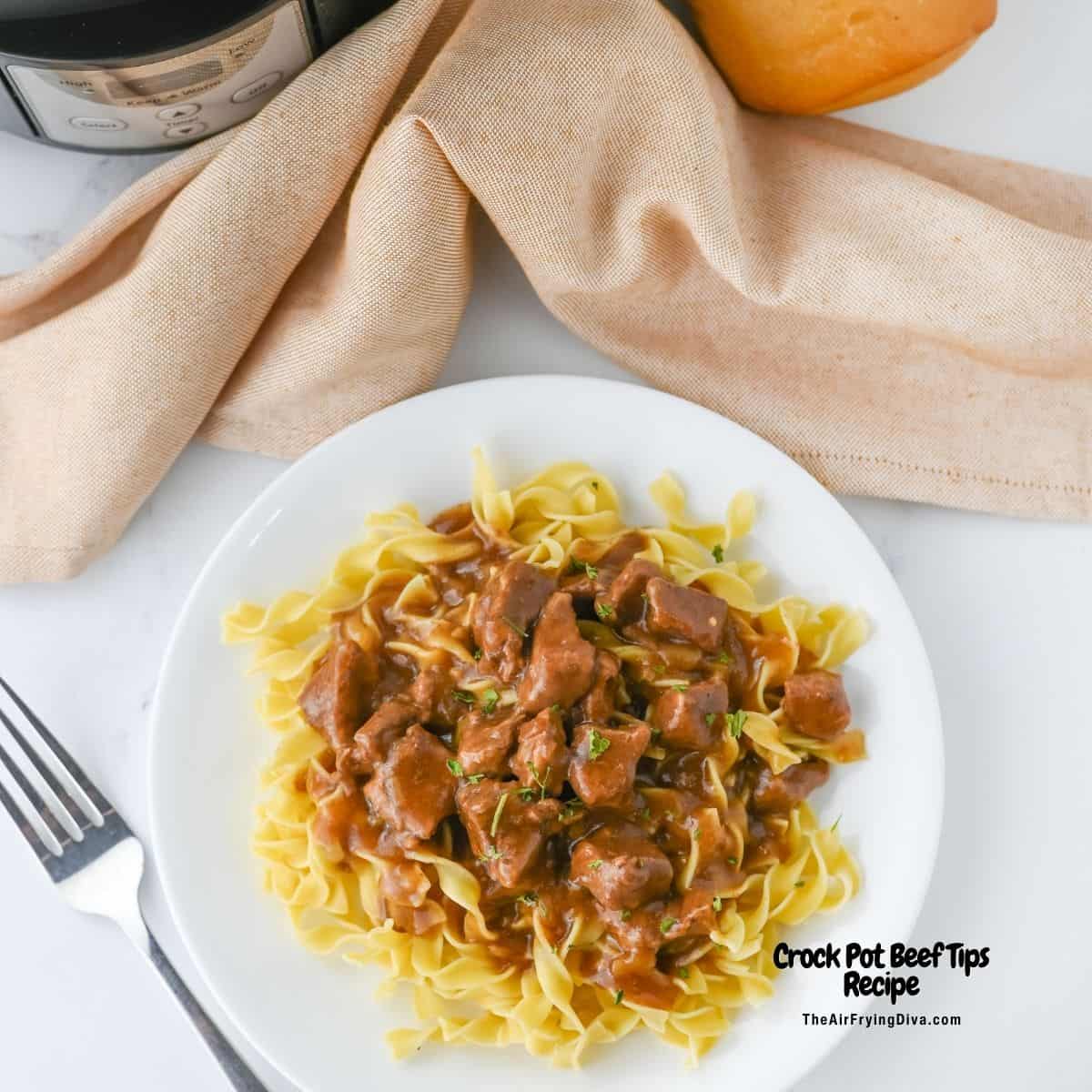 Crock Pot Beef Tips Recipe, a simple and delicious recipe for tender beef tips slow cooked to perfection in rich and savory sauce.