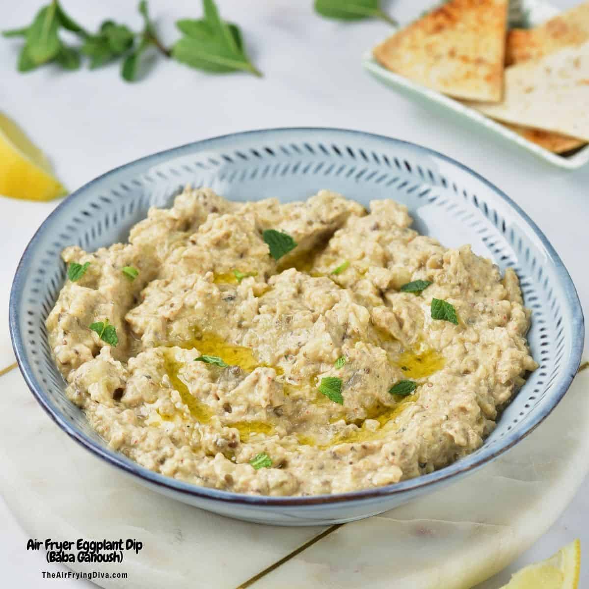 Air Fryer Eggplant Dip (Baba Ganoush), a delicious, creamy, savory, and easy recipe made from eggplant air fried until tender.