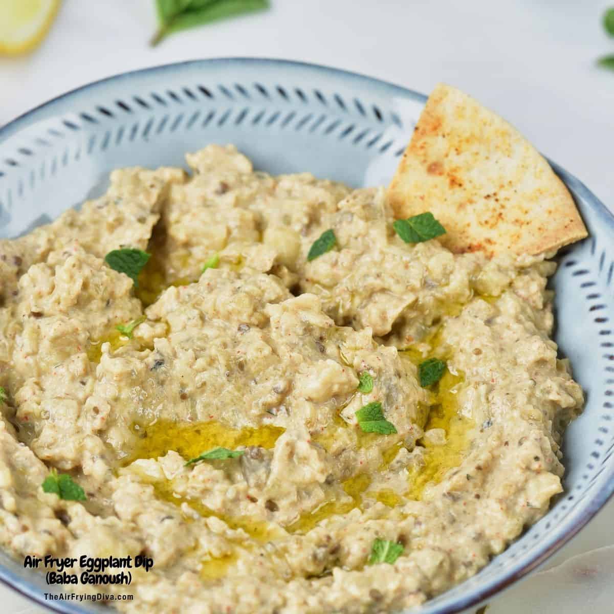 Air Fryer Eggplant Dip (Baba Ganoush), a delicious, creamy, savory, and easy recipe made from eggplant air fried until tender.