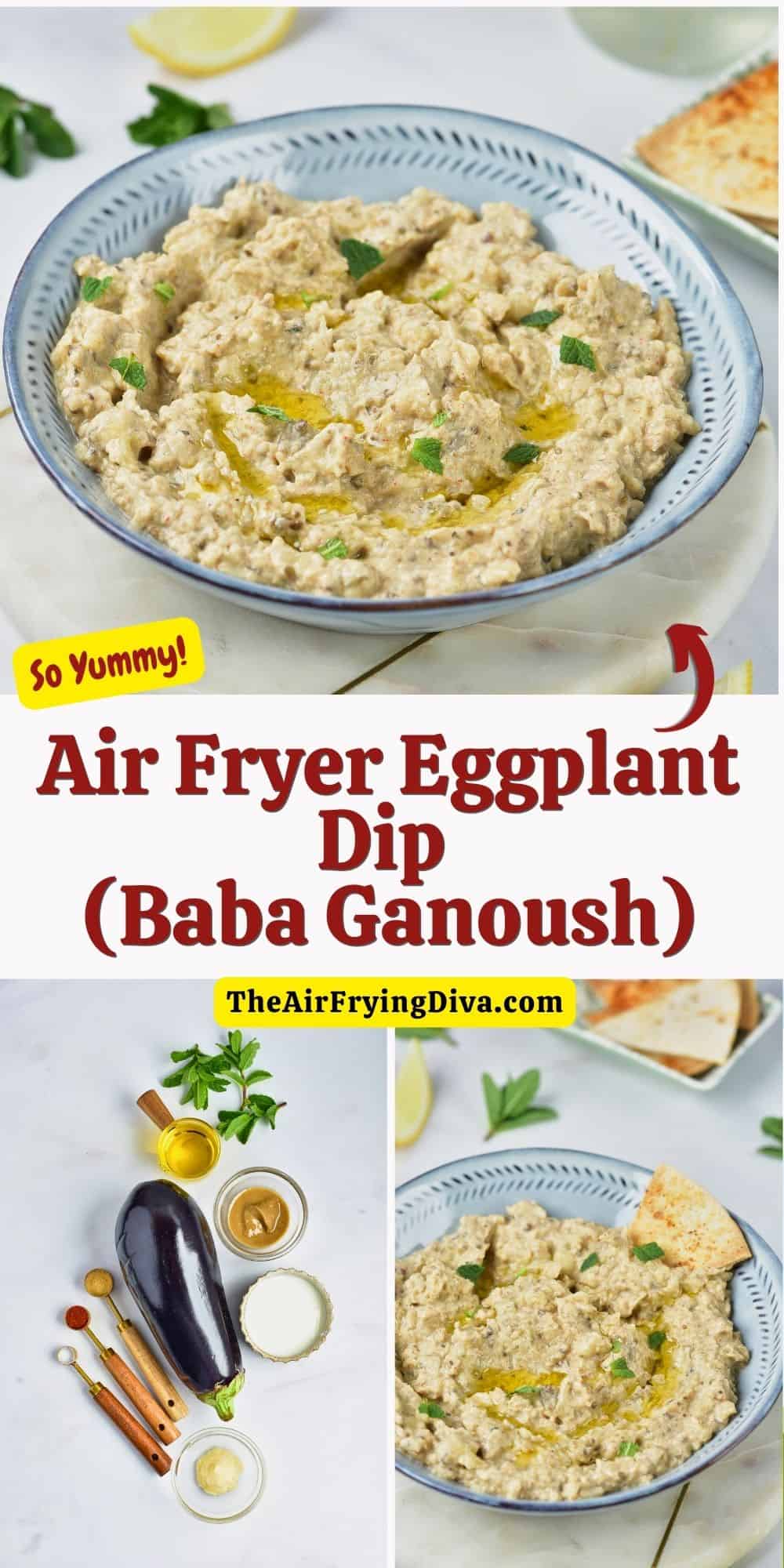 Air Fryer Eggplant Dip (Baba Ganoush), a delicious, creamy, savory, and easy recipe made from eggplant air fried until tender.