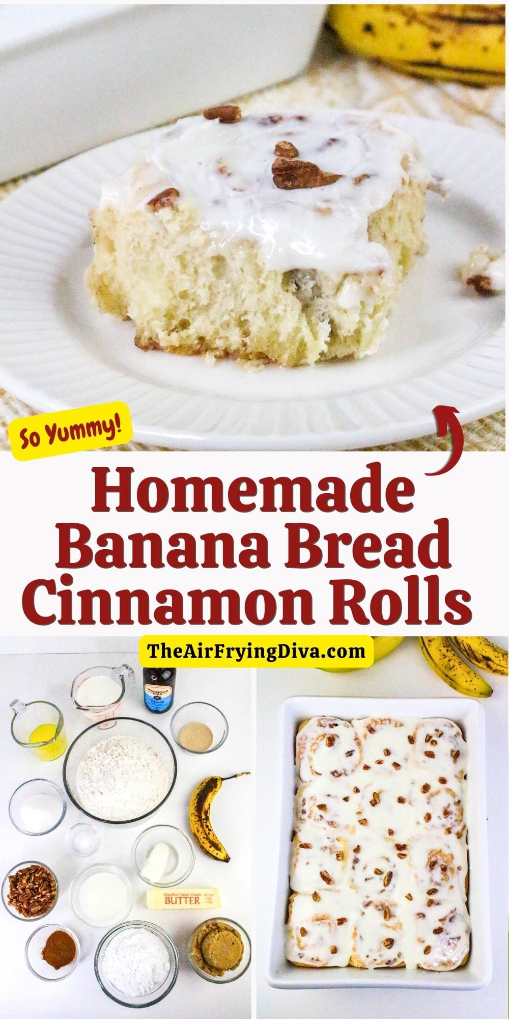 Homemade Banana Bread Cinnamon Rolls, made from scratch fluffy rolls stuffed with a sweet cinnamon filling and tipped with glaze.