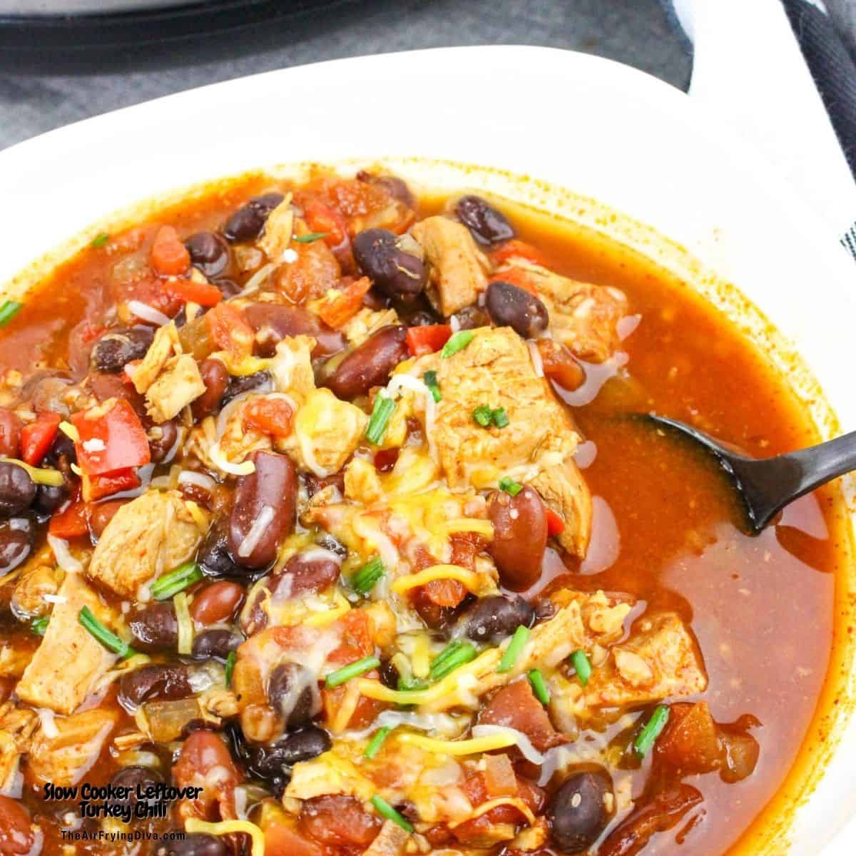 Slow Cooker Leftover Turkey Chili, a deliciously good crock pot style recipe made with cooked turkey, beans, and seasonings. 