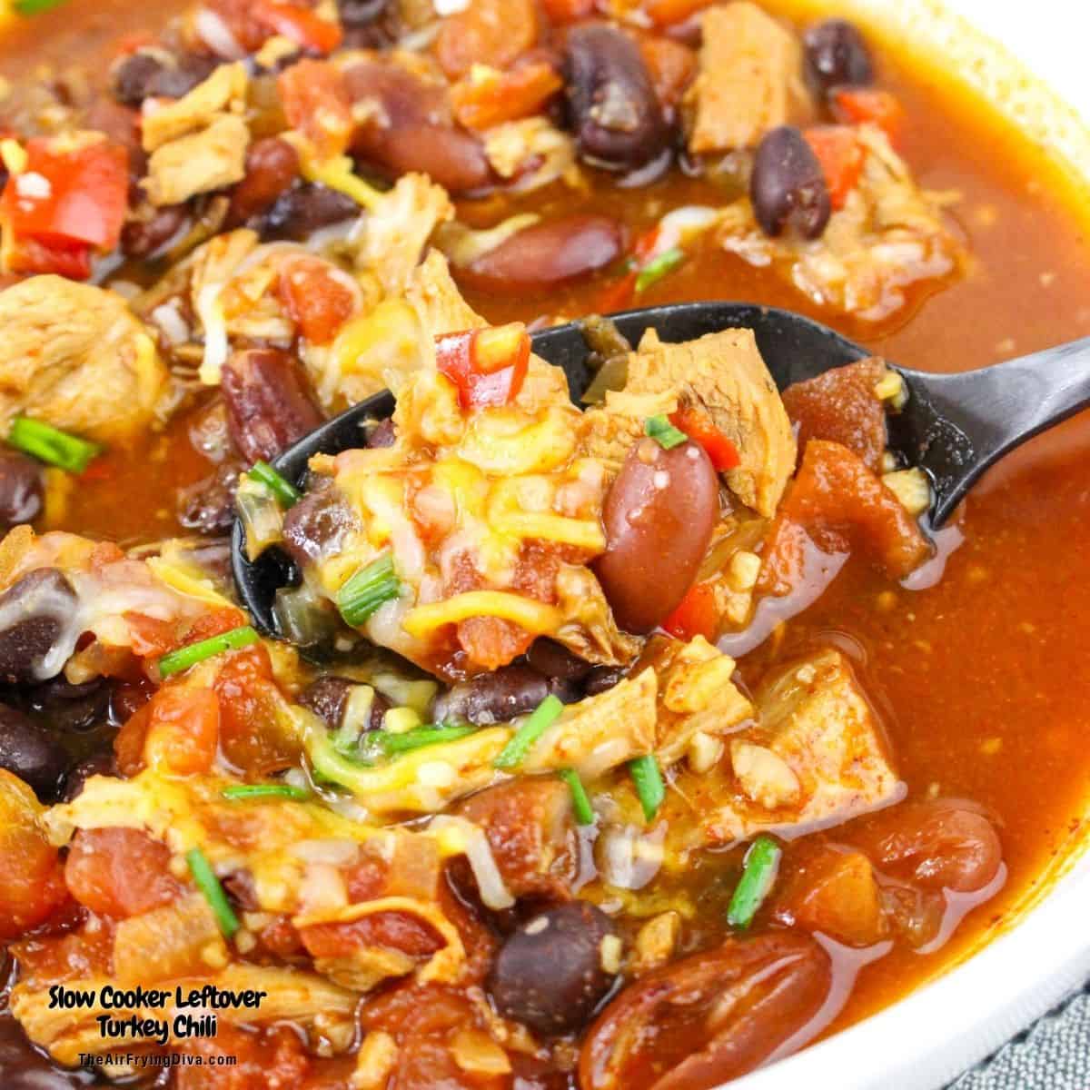 Slow Cooker Leftover Turkey Chili, a deliciously good crock pot style recipe made with cooked turkey, beans, and seasonings.