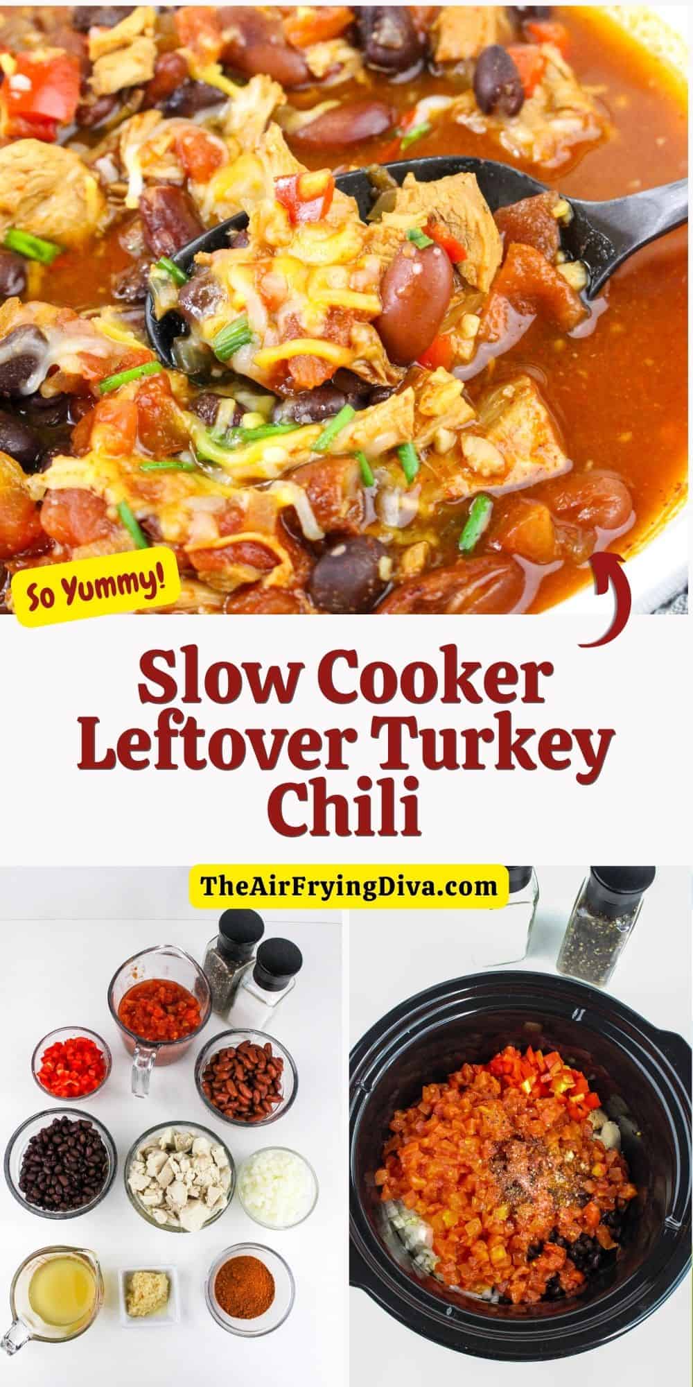 Slow Cooker Leftover Turkey Chili, a deliciously good crock pot style recipe made with cooked turkey, beans, and seasonings.