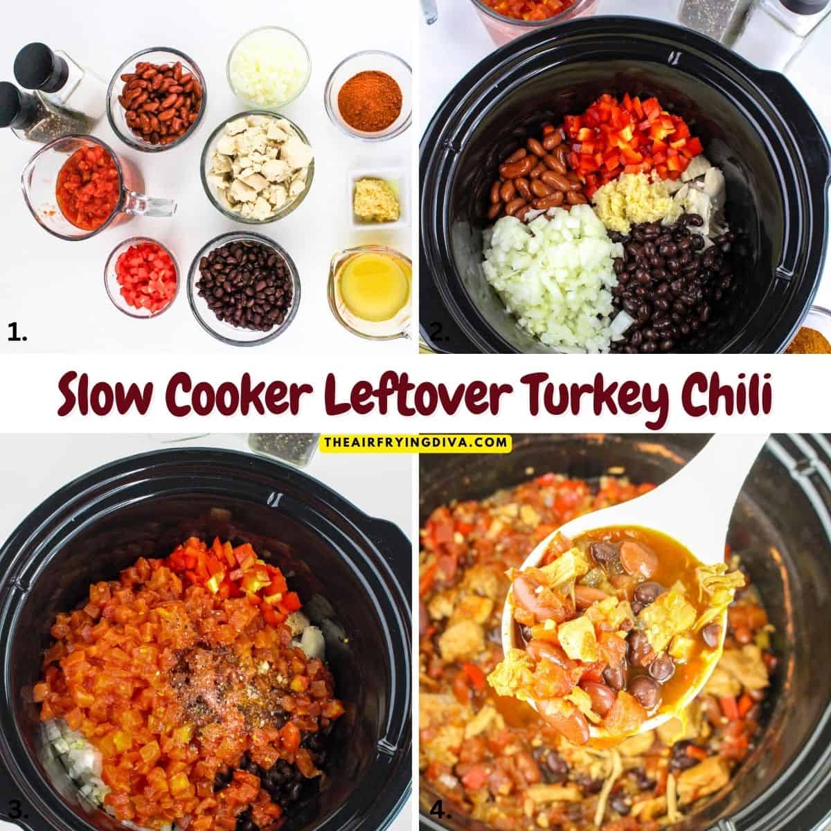 Slow Cooker Leftover Turkey Chili, a deliciously good crock pot style recipe made with cooked turkey, beans, and seasonings. 
