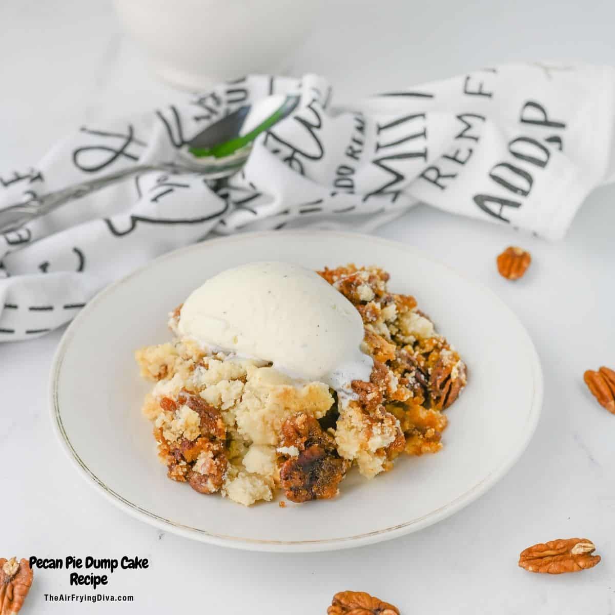 Pecan Pie Dump Cake Recipe an easy to make dessert made from cake mix, caramel sauce, and pecans baked to sweet mouthwatering perfection.