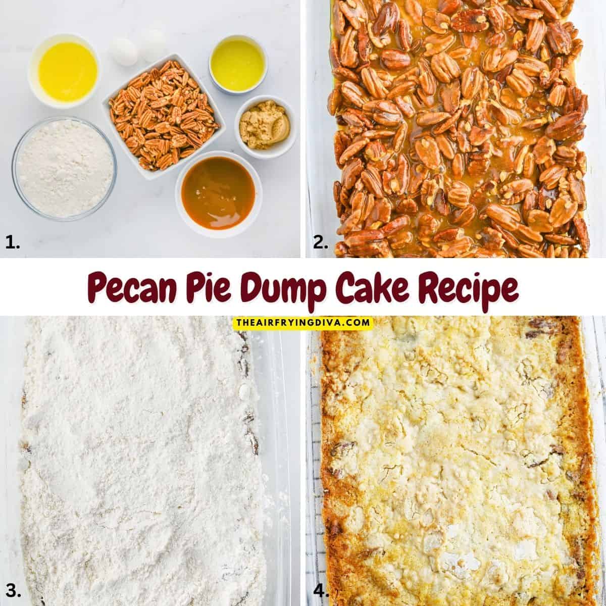 Pecan Pie Dump Cake Recipe an easy to make dessert made from cake mix, caramel sauce, and pecans baked to sweet mouthwatering perfection.