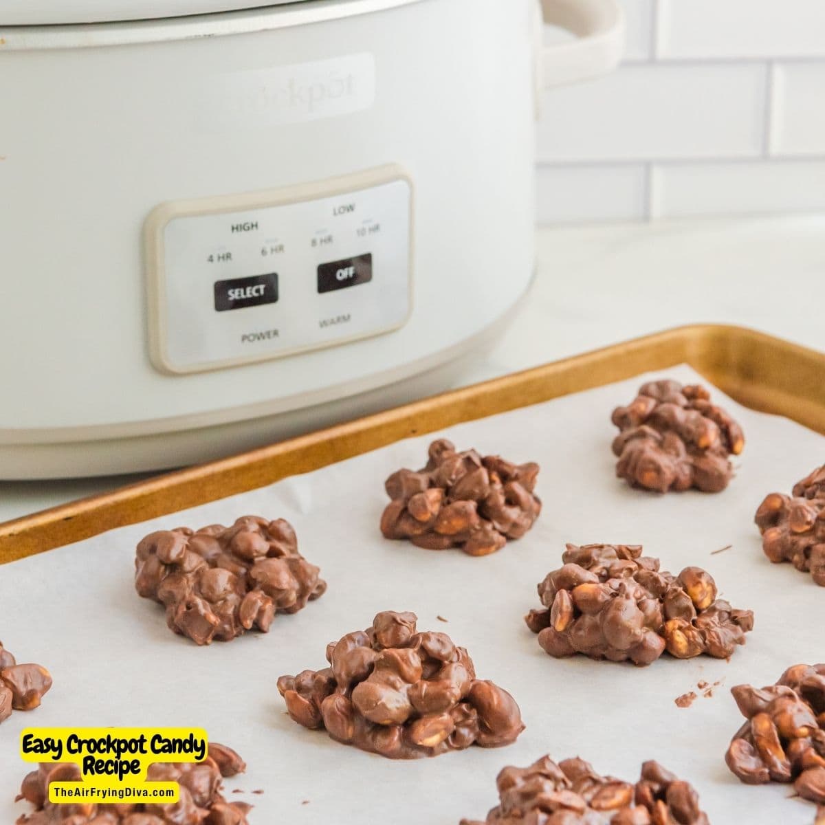 Easy Crockpot Candy, a delicious five ingredients recipe for crunchy, sweet, salty, and chocolatey candy slow cooked to perfection.