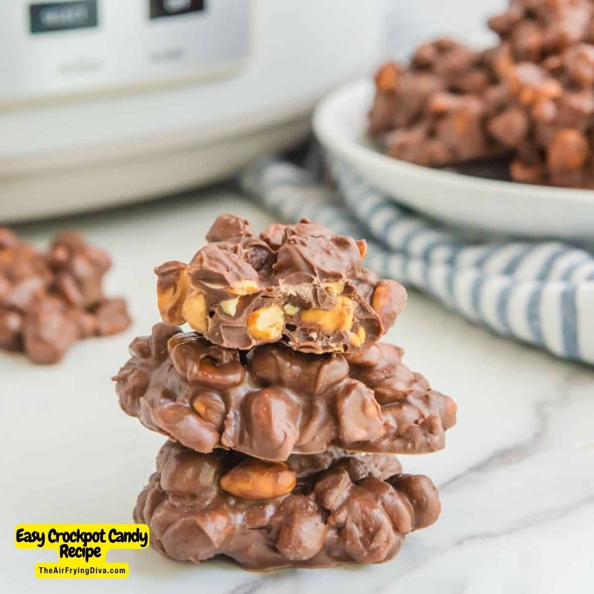 Easy Crockpot Candy, a delicious five ingredients recipe for crunchy, sweet, salty, and chocolatey candy slow cooked to perfection.