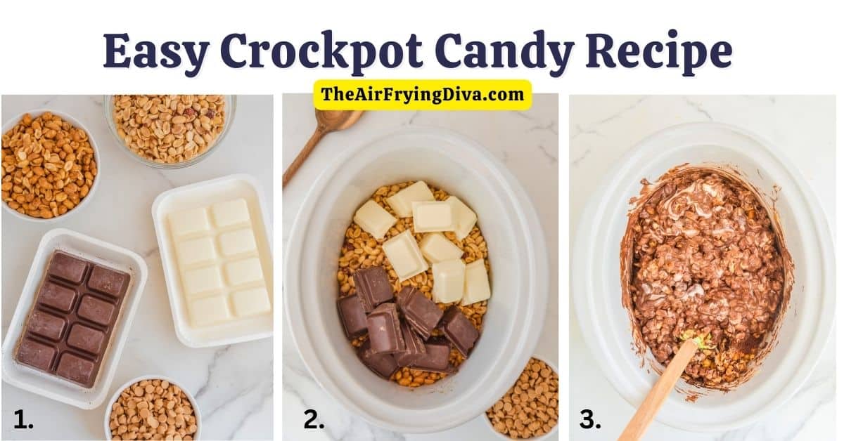 Easy Crockpot Candy, a delicious five ingredients recipe for crunchy, sweet, salty, and chocolatey candy slow cooked to perfection.