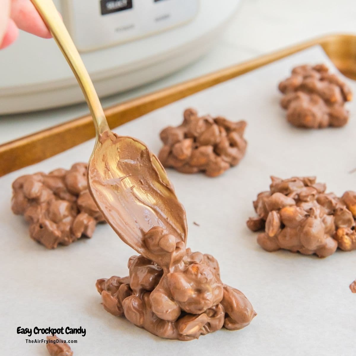 Easy Crockpot Candy, a delicious five ingredients recipe for crunchy, sweet, salty, and chocolatey candy slow cooked to perfection.