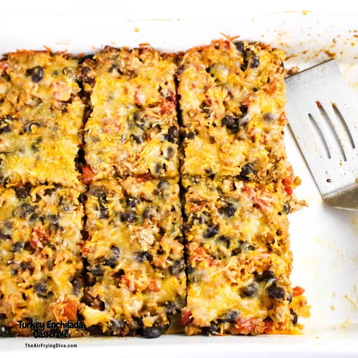 Turkey Enchilada Casserole, a simple and hearty dinner recipe made with ground turkey, beans and enchilada sauce.