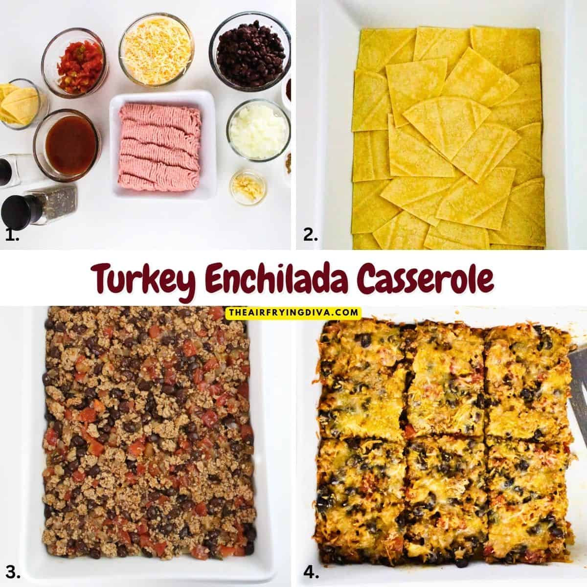 Turkey Enchilada Casserole, a simple and hearty dinner recipe made with ground turkey, beans and enchilada sauce.
