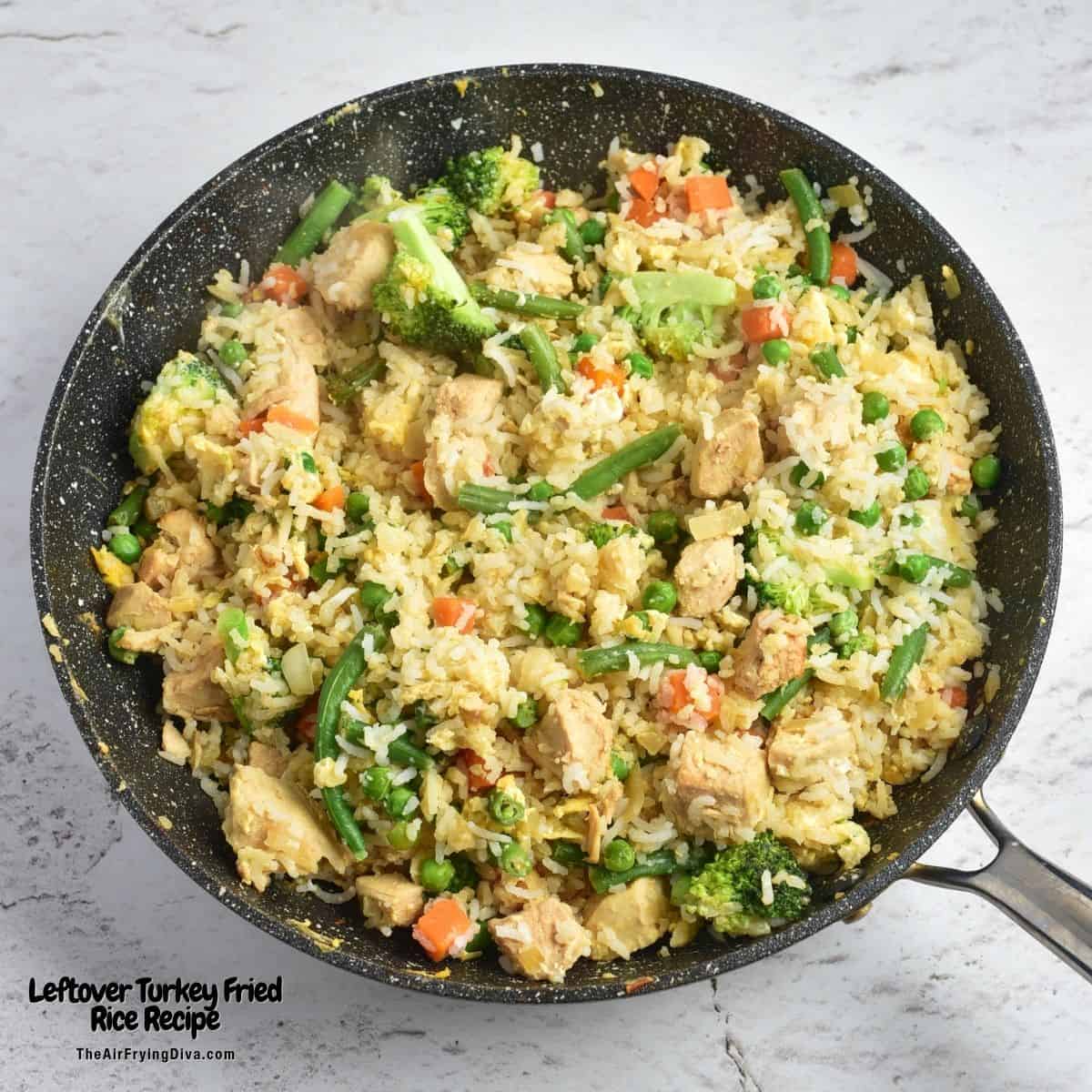 Leftover Turkey Fried Rice Recipe, a quick and easy one skillet dinner recipe made with vegetables and basmati rice.