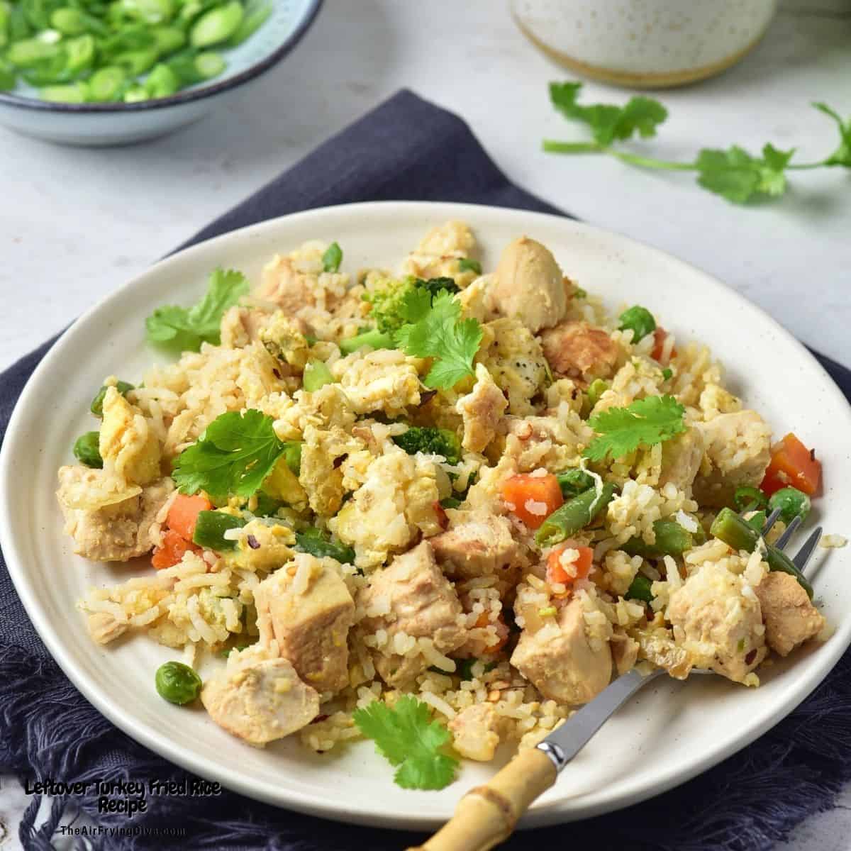 Leftover Turkey Fried Rice Recipe, a quick and easy one skillet dinner recipe made with vegetables and basmati rice.