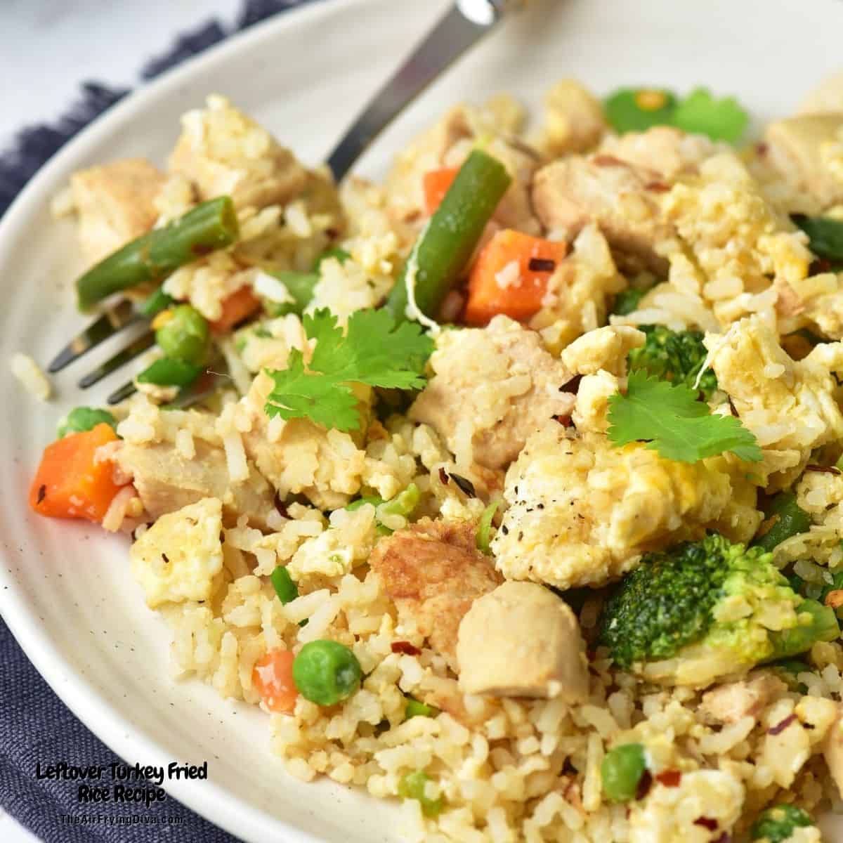 Leftover Turkey Fried Rice Recipe, a quick and easy one skillet dinner recipe made with vegetables and basmati rice.