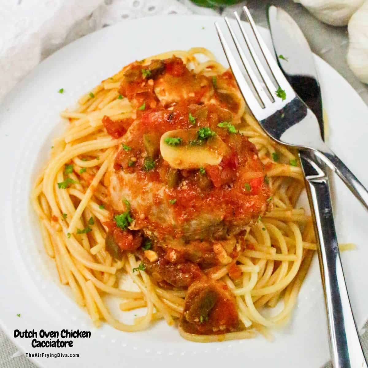 Dutch Oven Chicken Cacciatore, a simple one pot savory and rustic chicken recipe featuring tender chicken thighs cooked in a rich sauce. Dutch Oven Chicken Cacciatore, a simple one pot savory and rustic chicken recipe featuring tender chicken thighs cooked in a rich sauce.