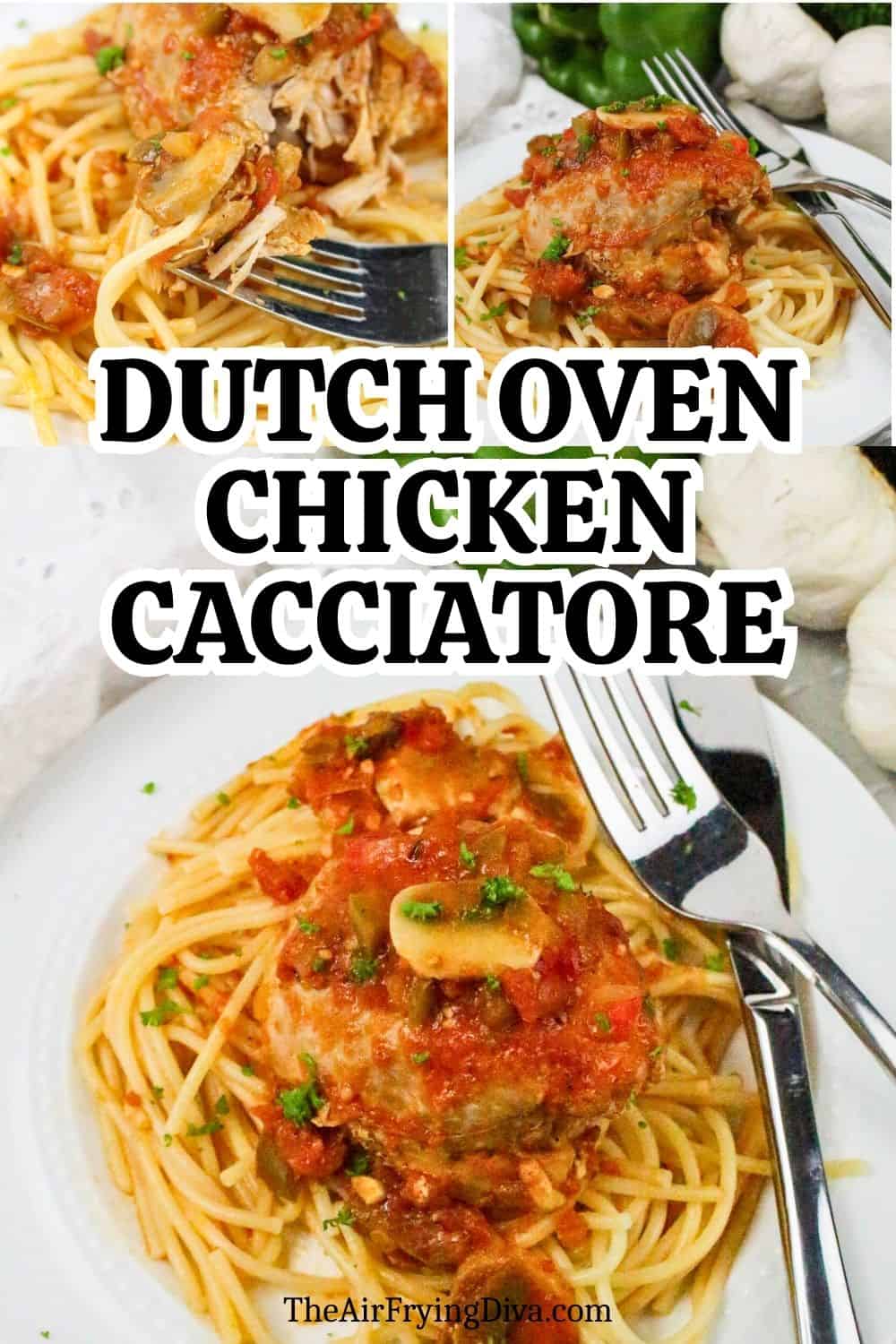 Dutch Oven Chicken Cacciatore, a simple one pot savory and rustic chicken recipe featuring tender chicken thighs cooked in a rich sauce. Dutch Oven Chicken Cacciatore, a simple one pot savory and rustic chicken recipe featuring tender chicken thighs cooked in a rich sauce.