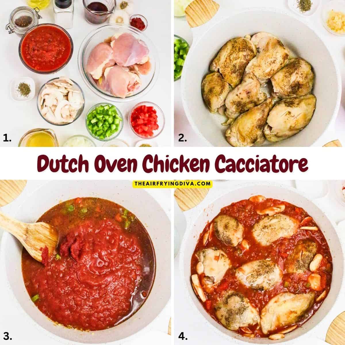 Dutch Oven Chicken Cacciatore, a simple one pot savory and rustic chicken recipe featuring tender chicken thighs cooked in a rich sauce. Dutch Oven Chicken Cacciatore, a simple one pot savory and rustic chicken recipe featuring tender chicken thighs cooked in a rich sauce.