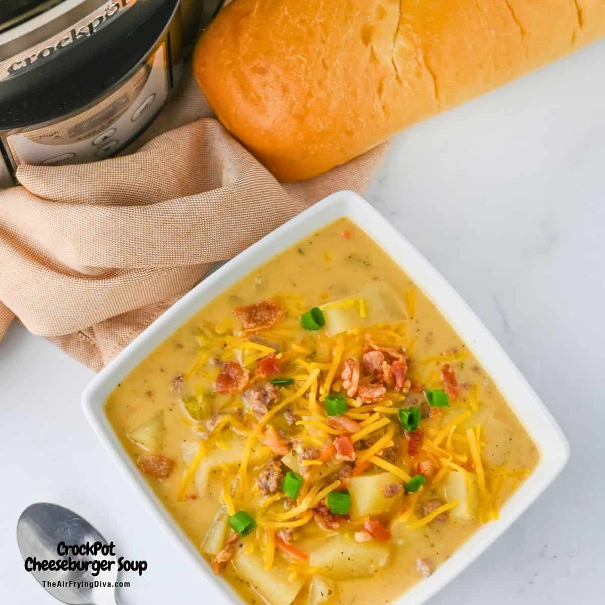 CrockPot Cheeseburger Soup, an easy recipe for a hearty, creamy and flavorful soup made with potatoes and cheese slow cooked to perfection. CrockPot Cheeseburger Soup
