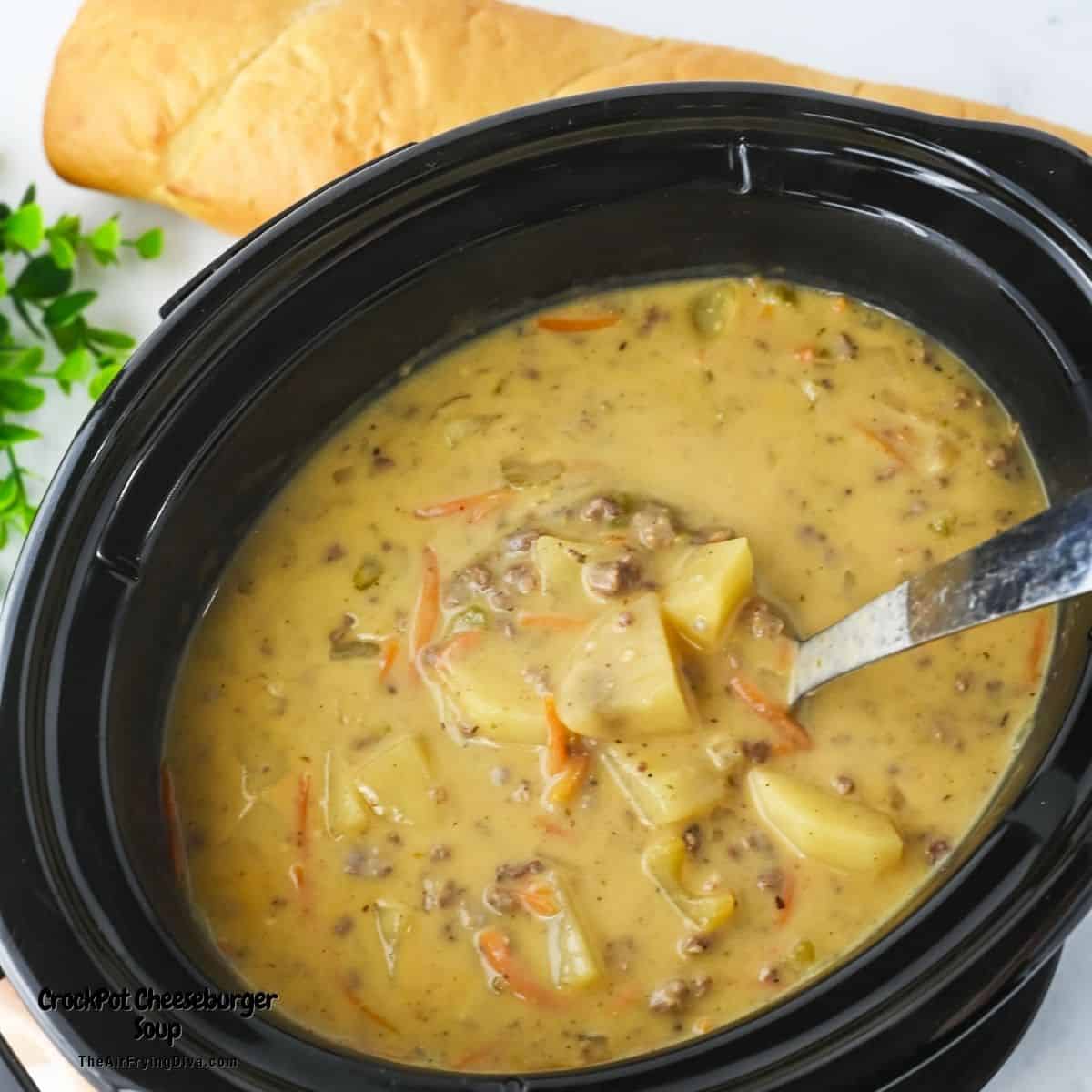 CrockPot Cheeseburger Soup, an easy recipe for a hearty, creamy and flavorful soup made with potatoes and cheese slow cooked to perfection. CrockPot Cheeseburger Soup, an easy recipe for a hearty, creamy and flavorful soup made with potatoes and cheese slow cooked to perfection.