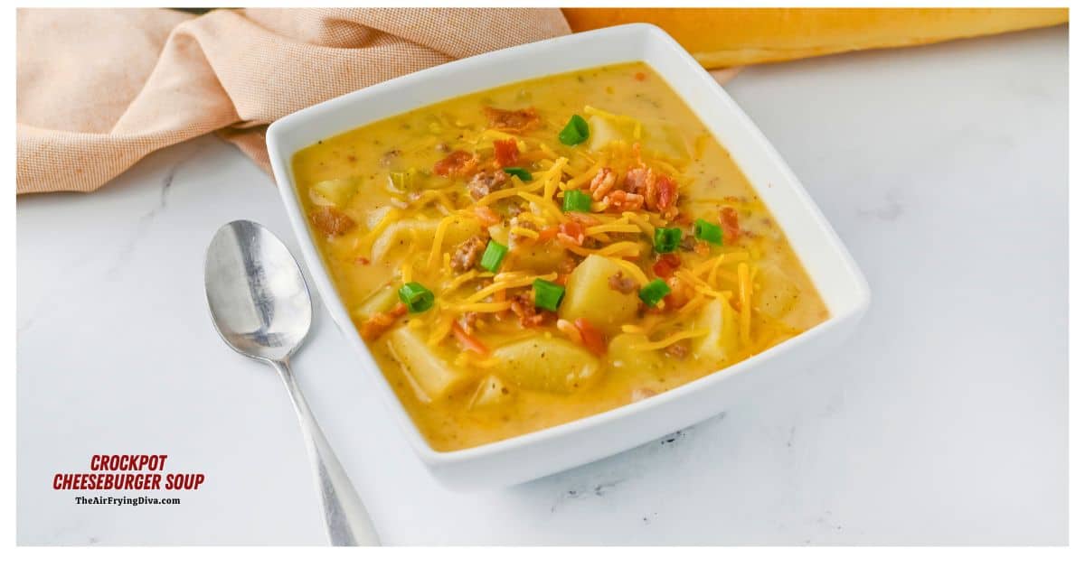 CrockPot Cheeseburger Soup, an easy recipe for a hearty, creamy and flavorful soup made with potatoes and cheese slow cooked to perfection. alt= CrockPot Cheeseburger Soup, an easy recipe for a hearty, creamy and flavorful soup made with potatoes and cheese slow cooked to perfection.