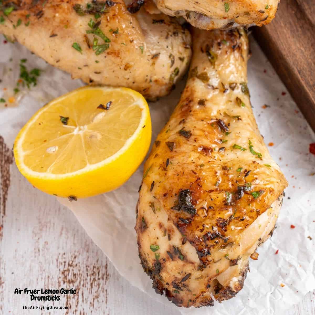 Air Fryer Lemon Garlic Drumsticks, an easy recipe for juicy chicken flavored with a simple lemon and garlic marinade (no sugar!) Air Fryer Lemon Garlic Drumsticks, an easy recipe for juicy chicken flavored with a simple lemon and garlic marinade (no sugar!)