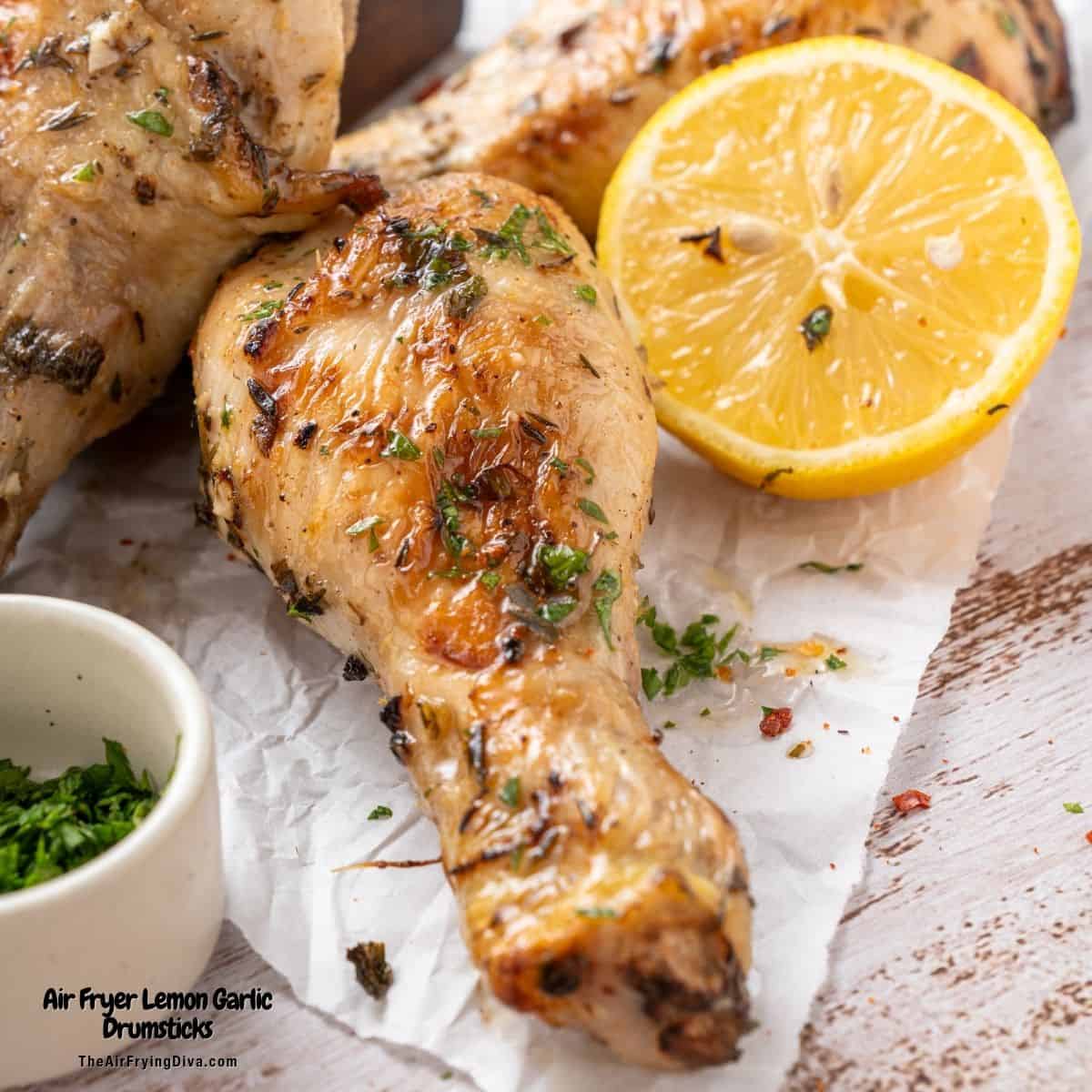 Air Fryer Lemon Garlic Drumsticks, an easy recipe for juicy chicken flavored with a simple lemon and garlic marinade (no sugar!) Air Fryer Lemon Garlic Drumsticks, an easy recipe for juicy chicken flavored with a simple lemon and garlic marinade (no sugar!)