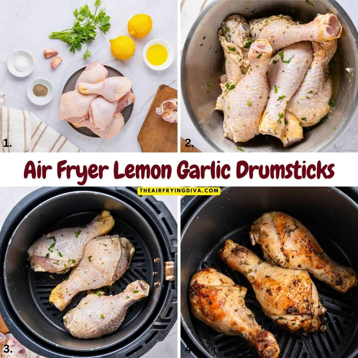 Air Fryer Lemon Garlic Drumsticks, an easy recipe for juicy chicken flavored with a simple lemon and garlic marinade (no sugar!) Air Fryer Lemon Garlic Drumsticks, an easy recipe for juicy chicken flavored with a simple lemon and garlic marinade (no sugar!)