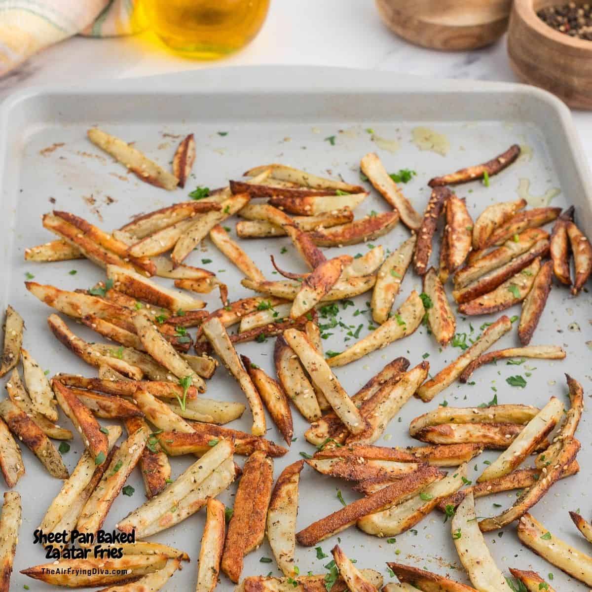 Sheet Pan Baked Za’atar Fries, crispy and flavorful homemade French Fries seasoned with savory Za'atar seasoning blend.
