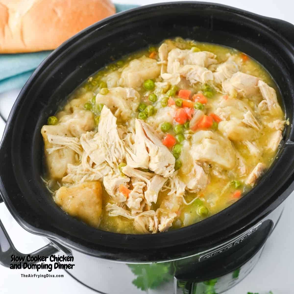 Slow Cooker Chicken and Dumplings Dinner, a delicious and easy crockpot recipe made with chicken breasts slow cooked to perfection.