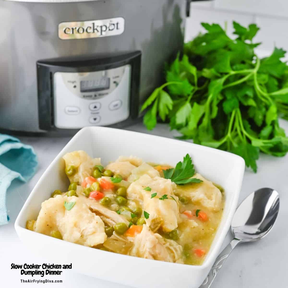 Slow Cooker Chicken and Dumplings Dinner, a delicious and easy crockpot recipe made with chicken breasts slow cooked to perfection. Slow Cooker Chicken and Dumpling Dinner