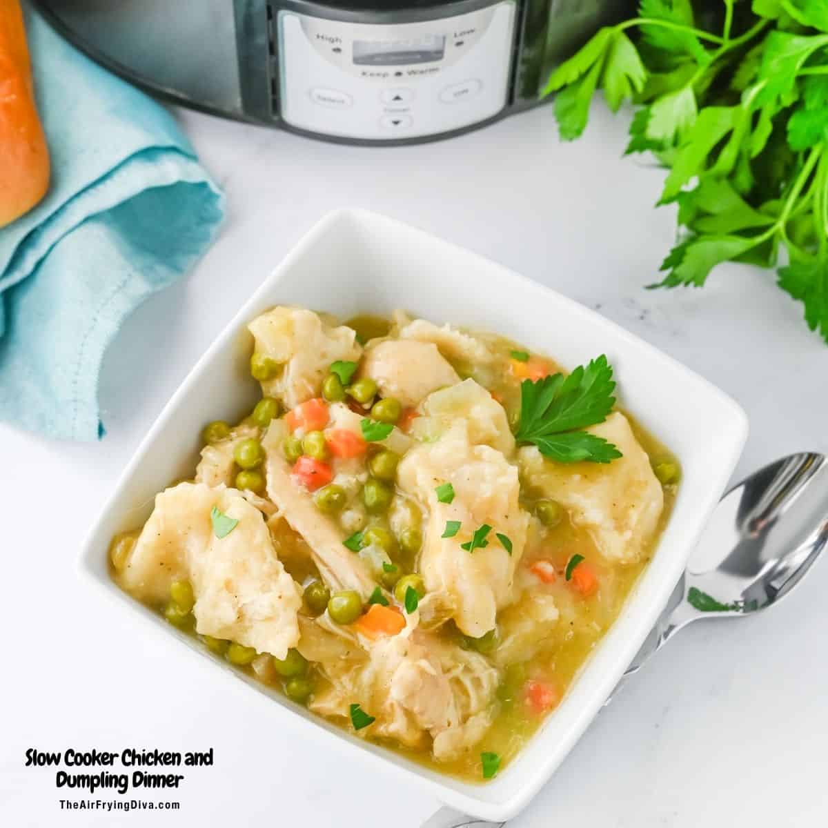 Slow Cooker Chicken and Dumplings Dinner, a delicious and easy crockpot recipe made with chicken breasts slow cooked to perfection. Slow Cooker Chicken and Dumpling Dinner