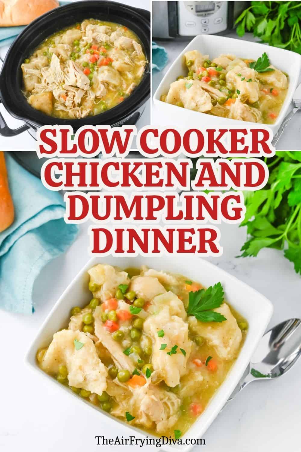 Slow Cooker Chicken and Dumplings Dinner, a delicious and easy crockpot recipe made with chicken breasts slow cooked to perfection. Slow Cooker Chicken and Dumplings Dinner, a delicious and easy crockpot recipe made with chicken breasts slow cooked to perfection.