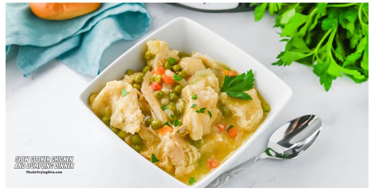Slow Cooker Chicken and Dumplings Dinner, a delicious and easy crockpot recipe made with chicken breasts slow cooked to perfection. Slow Cooker Chicken and Dumplings Dinner, a delicious and easy crockpot recipe made with chicken breasts slow cooked to perfection.